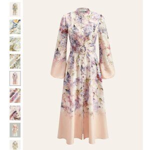 Belted Balloon Sleeve Floral Dress Purple XS